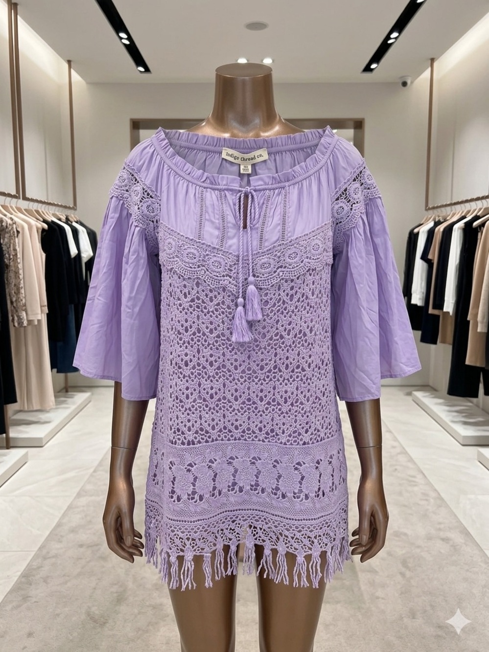 Indigo Lilac Crochet Fringe Mini Dress